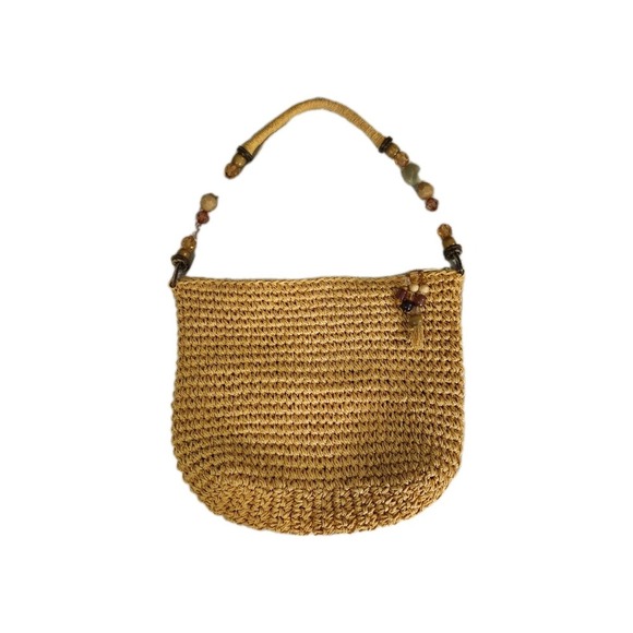 Vintage Cappelli Straworld Woven Shoulder Bag Purse Tan Beaded Strap - Picture 2 of 6